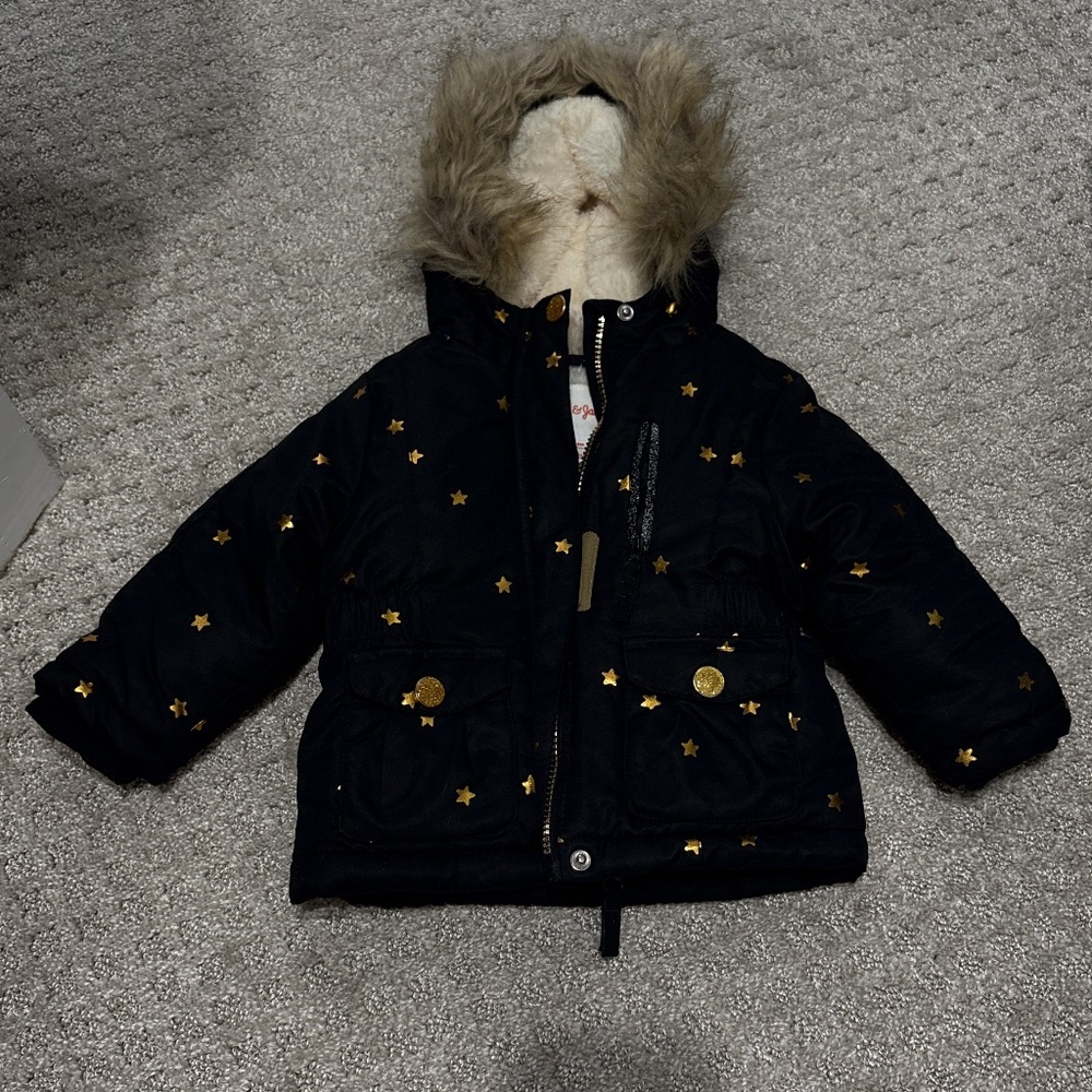 Cat and Jack 18 month black winter coat with gold stars and fur hood